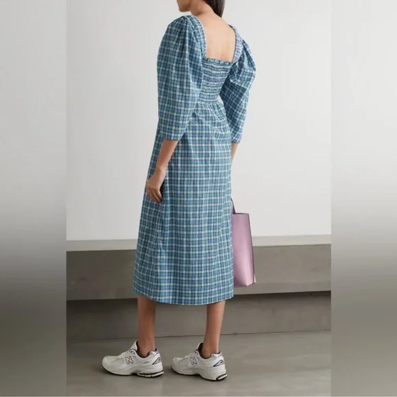 Ganni Seersucker Gingham Smocked Puff Sleeve Dress Black White Size 34 US 2 - Picture 4 of 8